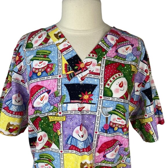Cherokee Christmas Snowmen Scrub Top Shirt Womens Medium White Blue Vneck - Picture 3 of 8